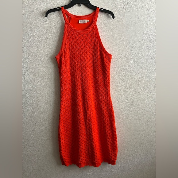 Eliza J Vibrant Orange Halter Midi Sheath Crochet Dress L - Picture 6 of 15